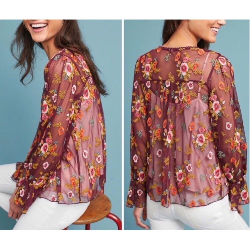 Anthropologie‎ Feather Bone Size Small Giralda Sheer Floral Embroidered Blouse